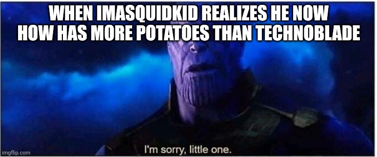 Thanos I'm sorry little one | WHEN IMASQUIDKID REALIZES HE NOW HOW HAS MORE POTATOES THAN TECHNOBLADE | image tagged in thanos i'm sorry little one | made w/ Imgflip meme maker