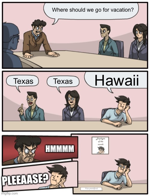 Boardroom Meeting Unexpected Ending | Where should we go for vacation? Hawaii; Texas; Texas; HMMMM; PLEEAASE? | image tagged in boardroom meeting unexpected ending,memes | made w/ Imgflip meme maker