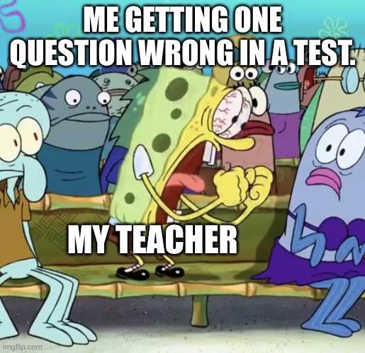 Spongebob Yelling | ME GETTING ONE QUESTION WRONG IN A TEST. MY TEACHER | image tagged in spongebob yelling | made w/ Imgflip meme maker