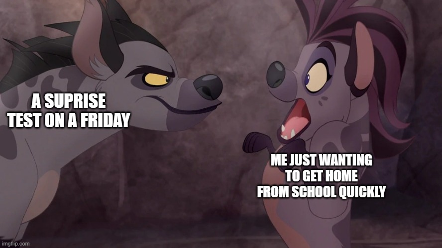 Janja scaring Jasiri | A SUPRISE TEST ON A FRIDAY; ME JUST WANTING TO GET HOME FROM SCHOOL QUICKLY | image tagged in janja scaring jasiri | made w/ Imgflip meme maker