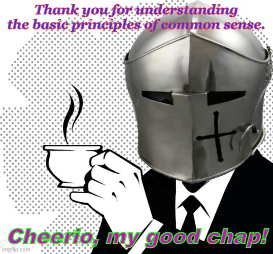 Coffee Crusader | Thank you for understanding the basic principles of common sense. Cheerio, my good chap! | image tagged in coffee crusader | made w/ Imgflip meme maker