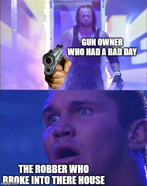 Wwe | GUN OWNER WHO HAD A BAD DAY; THE ROBBER WHO BROKE INTO THERE HOUSE | image tagged in wwe | made w/ Imgflip meme maker
