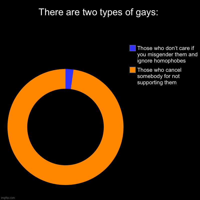 This is not meant to offend anybody, so don’t try to cancel, okay? | There are two types of gays: | Those who cancel somebody for not supporting them, Those who don’t care if you misgender them and ignore homo | image tagged in charts,donut charts,lgbtq | made w/ Imgflip chart maker