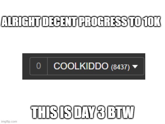 Day 3 | ALRIGHT DECENT PROGRESS TO 10K; THIS IS DAY 3 BTW | image tagged in blank white template | made w/ Imgflip meme maker
