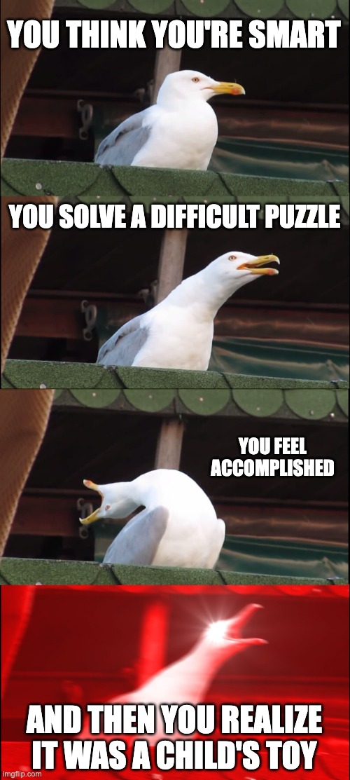 Inhaling Seagull Meme | YOU THINK YOU'RE SMART; YOU SOLVE A DIFFICULT PUZZLE; YOU FEEL ACCOMPLISHED; AND THEN YOU REALIZE IT WAS A CHILD'S TOY | image tagged in memes,inhaling seagull | made w/ Imgflip meme maker