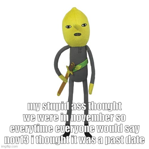 my stupid ass: | my stupid ass thought we were in november so everytime everyone would say nov13 i thought it was a past date | image tagged in lemongrab plush | made w/ Imgflip meme maker