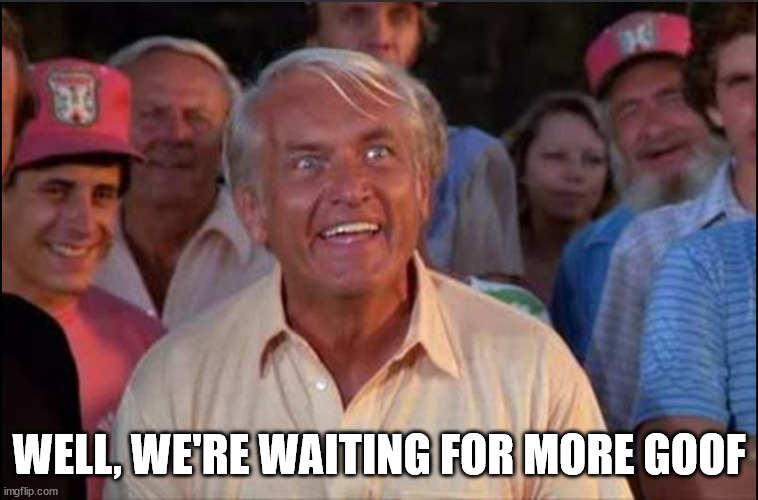 Well we're waiting | WELL, WE'RE WAITING FOR MORE GOOF | image tagged in well we're waiting | made w/ Imgflip meme maker