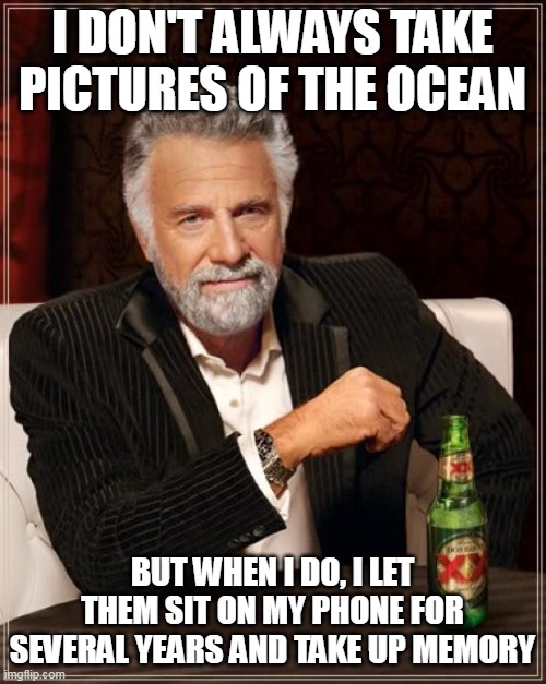 The Most Interesting Man In The World | I DON'T ALWAYS TAKE PICTURES OF THE OCEAN; BUT WHEN I DO, I LET THEM SIT ON MY PHONE FOR SEVERAL YEARS AND TAKE UP MEMORY | image tagged in memes,the most interesting man in the world,meme,funny | made w/ Imgflip meme maker