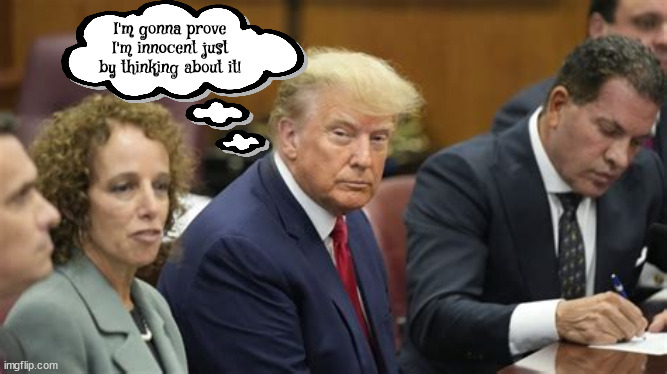 Non compos mentis | I'm gonna prove I'm innocent just by thinking about it! | image tagged in donald j trump,donald trump,45th us president,maga,non compos mentis,person wonam man camera tv | made w/ Imgflip meme maker