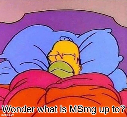 Homer Simpson sleeping peacefully | Wonder what is MSmg up to? | image tagged in homer simpson sleeping peacefully | made w/ Imgflip meme maker