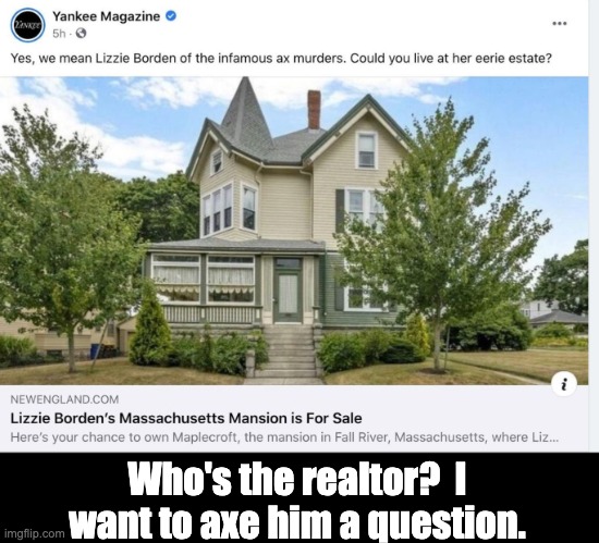 Lizzie | Who's the realtor?  I want to axe him a question. | image tagged in dad joke | made w/ Imgflip meme maker