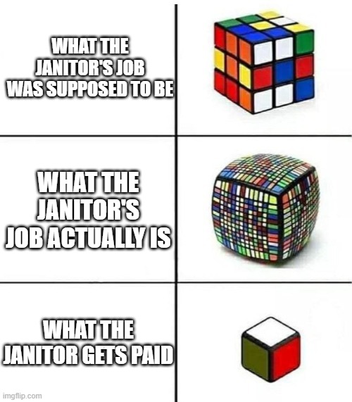 Rubik's Cube Comparison | WHAT THE JANITOR'S JOB WAS SUPPOSED TO BE; WHAT THE JANITOR'S JOB ACTUALLY IS; WHAT THE JANITOR GETS PAID | image tagged in rubik's cube comparison | made w/ Imgflip meme maker