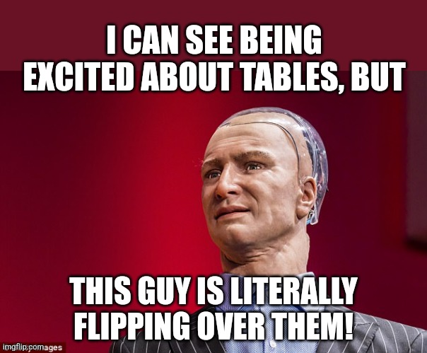 Han AI robot | I CAN SEE BEING EXCITED ABOUT TABLES, BUT THIS GUY IS LITERALLY FLIPPING OVER THEM! | image tagged in han ai robot | made w/ Imgflip meme maker