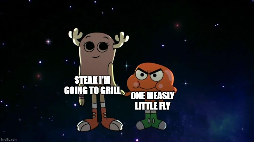 Steak Ruin | STEAK I'M GOING TO GRILL; ONE MEASLY LITTLE FLY | image tagged in evil darwin,the amazing world of gumball,gumball,memes | made w/ Imgflip meme maker