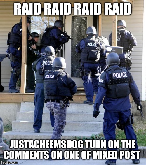 RAID | RAID RAID RAID RAID; JUSTACHEEMSDOG TURN ON THE COMMENTS ON ONE OF MIXED POST | image tagged in police savior | made w/ Imgflip meme maker