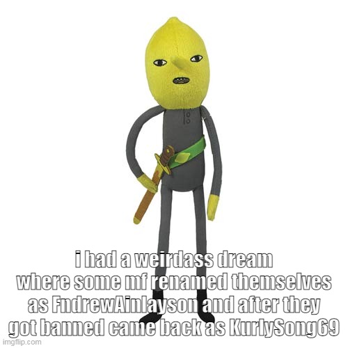 lemongrab plush | i had a weirdass dream where some mf renamed themselves as FndrewAinlayson and after they got banned came back as KurlySong69 | image tagged in lemongrab plush | made w/ Imgflip meme maker