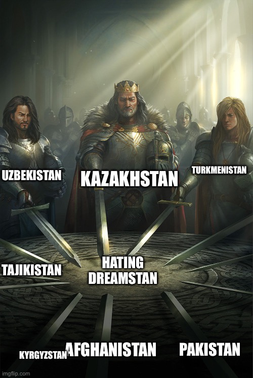 Stans together strong | KAZAKHSTAN; UZBEKISTAN; TURKMENISTAN; HATING DREAMSTAN; TAJIKISTAN; AFGHANISTAN; PAKISTAN; KYRGYZSTAN | image tagged in swords united | made w/ Imgflip meme maker