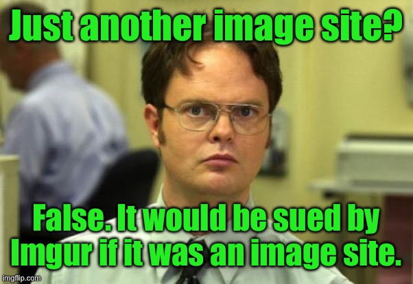 Dwight Schrute | Just another image site? False. It would be sued by Imgur if it was an image site. | image tagged in memes,dwight schrute,imgflip,false,lol | made w/ Imgflip meme maker