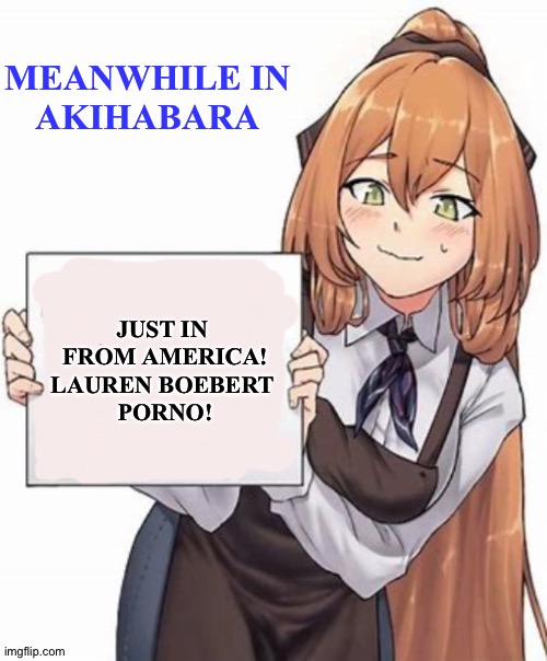 Anime girl with a sign | MEANWHILE IN
AKIHABARA JUST IN 
FROM AMERICA!
LAUREN BOEBERT 
PORNO! | image tagged in anime girl with a sign | made w/ Imgflip meme maker