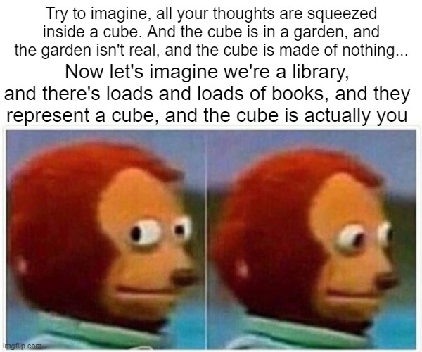 Hey, I'm not a cube, turn that off! | Try to imagine, all your thoughts are squeezed inside a cube. And the cube is in a garden, and the garden isn't real, and the cube is made of nothing... Now let's imagine we're a library, and there's loads and loads of books, and they represent a cube, and the cube is actually you | image tagged in memes,monkey puppet | made w/ Imgflip meme maker