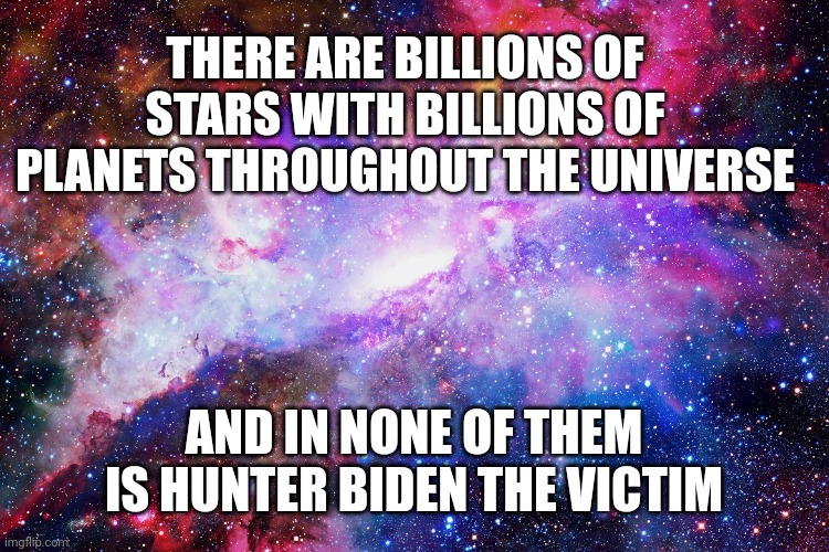 Hunter Biden Files Suit | THERE ARE BILLIONS OF STARS WITH BILLIONS OF PLANETS THROUGHOUT THE UNIVERSE; AND IN NONE OF THEM IS HUNTER BIDEN THE VICTIM | image tagged in hunter biden,joe biden,victims | made w/ Imgflip meme maker