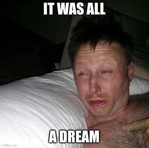 Limmy waking up | IT WAS ALL A DREAM | image tagged in limmy waking up | made w/ Imgflip meme maker