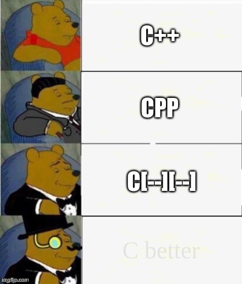 howDoYouSayIt | C++; CPP; C[--][--]; C better | image tagged in tuxedo winnie the pooh 4 panel,programming | made w/ Imgflip meme maker