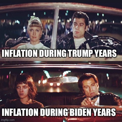 On the way to-On the way back | INFLATION DURING TRUMP YEARS; INFLATION DURING BIDEN YEARS | image tagged in on the way to-on the way back,inflation,donald trump,joe biden | made w/ Imgflip meme maker