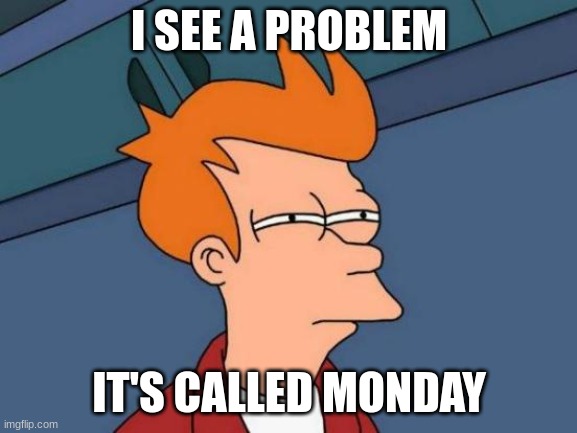 Futurama Fry | I SEE A PROBLEM; IT'S CALLED MONDAY | image tagged in memes,futurama fry | made w/ Imgflip meme maker