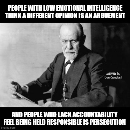 Sigmund Freud Sorry but | PEOPLE WITH LOW EMOTIONAL INTELLIGENCE THINK A DIFFERENT OPINION IS AN ARGUEMENT; MEMEs by Dan Campbell; AND PEOPLE WHO LACK ACCOUNTABILITY FEEL BEING HELD RESPONSIBLE IS PERSECUTION | image tagged in sigmund freud sorry but | made w/ Imgflip meme maker