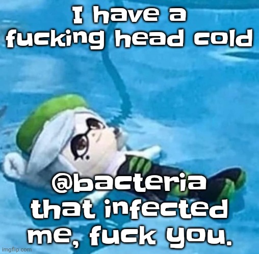 :( | I have a fucking head cold; @bacteria that infected me, fuck you. | image tagged in marie swimming | made w/ Imgflip meme maker
