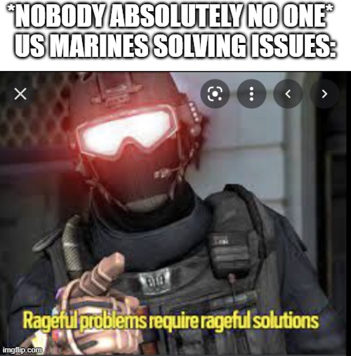 Angy badger  solution | *NOBODY ABSOLUTELY NO ONE*  
US MARINES SOLVING ISSUES: | image tagged in angy badger solution,us marines,military,memes | made w/ Imgflip meme maker