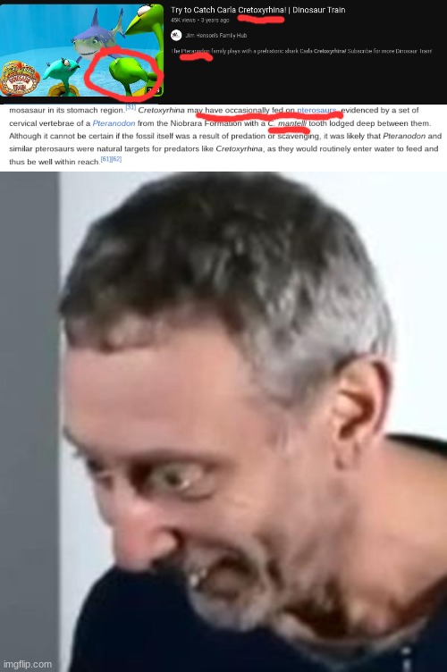 tastes like chicken | image tagged in when michael rosen realised,dark humor,dinosaur train | made w/ Imgflip meme maker