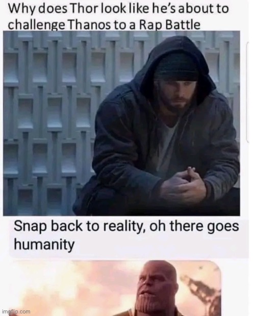 Oh there goes reality | image tagged in thanos,eminem rap | made w/ Imgflip meme maker