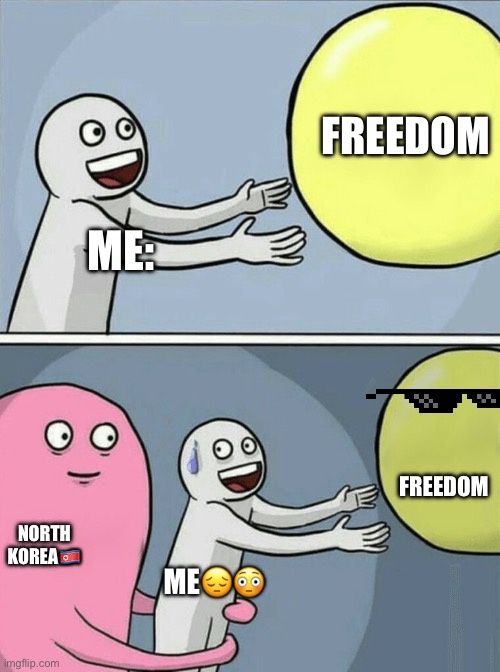 Running Away Balloon Meme | FREEDOM; ME:; FREEDOM; NORTH KOREA🇰🇵; ME😔😳 | image tagged in memes,running away balloon | made w/ Imgflip meme maker