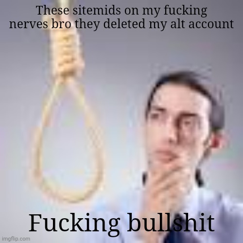 Man looking at noose | These sitemids on my fucking nerves bro they deleted my alt account; Fucking bullshit | image tagged in man looking at noose | made w/ Imgflip meme maker