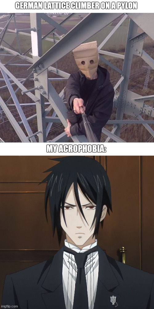 Fear of heights | GERMAN LATTICE CLIMBER ON A PYLON; MY ACROPHOBIA: | image tagged in lattice climber,anime,meme,black butler,latticeclimbing,tower | made w/ Imgflip meme maker