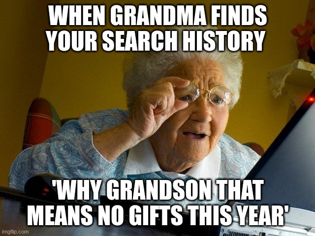 Grandma Finds The Internet | WHEN GRANDMA FINDS YOUR SEARCH HISTORY; 'WHY GRANDSON THAT MEANS NO GIFTS THIS YEAR' | image tagged in memes,grandma finds the internet | made w/ Imgflip meme maker
