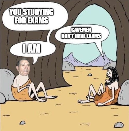 YOU STUDYING FOR EXAMS; CAVEMEN DON'T HAVE EXAMS; I AM | image tagged in cavemen | made w/ Imgflip meme maker