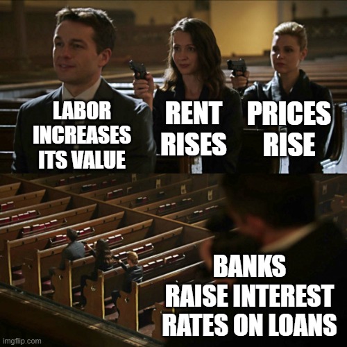 Inflation Chain | LABOR INCREASES ITS VALUE; PRICES RISE; RENT RISES; BANKS RAISE INTEREST RATES ON LOANS | image tagged in assassination chain,inflation,prices,gas prices,rent,banks | made w/ Imgflip meme maker