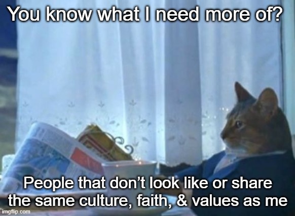 DiVeRsItY iS oUr StReNgTh | You know what I need more of? People that don’t look like or share the same culture, faith, & values as me | image tagged in memes,i should buy a boat cat | made w/ Imgflip meme maker