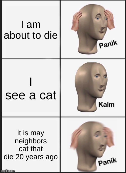 Panik Kalm Panik Meme | I am about to die; I see a cat; it is may neighbors cat that die 20 years ago | image tagged in memes,panik kalm panik | made w/ Imgflip meme maker