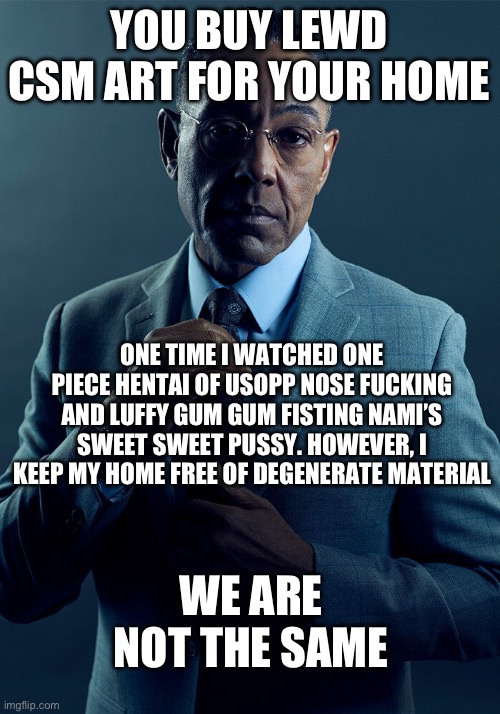 Gus Fring we are not the same | YOU BUY LEWD CSM ART FOR YOUR HOME; ONE TIME I WATCHED ONE PIECE HENTAI OF USOPP NOSE FUCKING AND LUFFY GUM GUM FISTING NAMI’S SWEET SWEET PUSSY. HOWEVER, I KEEP MY HOME FREE OF DEGENERATE MATERIAL; WE ARE NOT THE SAME | image tagged in gus fring we are not the same | made w/ Imgflip meme maker