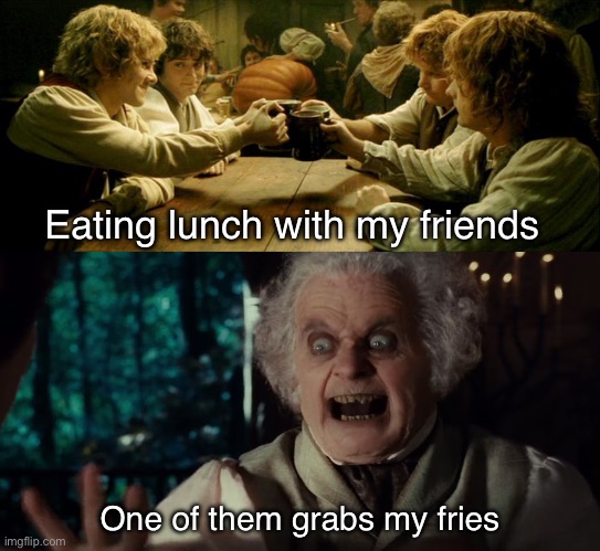 Lunchtime | Eating lunch with my friends; One of them grabs my fries | image tagged in lord of the rings | made w/ Imgflip meme maker