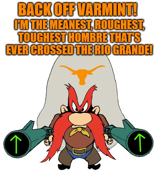 BACK OFF VARMINT! I'M THE MEANEST, ROUGHEST, TOUGHEST HOMBRE THAT'S EVER CROSSED THE RIO GRANDE! | image tagged in sam | made w/ Imgflip meme maker