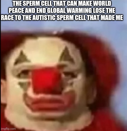 clown face. | THE SPERM CELL THAT CAN MAKE WORLD PEACE AND END GLOBAL WARMING LOSE THE RACE TO THE AUTISTIC SPERM CELL THAT MADE ME | image tagged in clown face | made w/ Imgflip meme maker