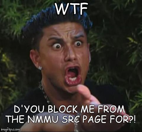 DJ Pauly D Meme | WTF D'YOU BLOCK ME FROM THE NMMU SRC PAGE FOR?! | image tagged in memes,dj pauly d | made w/ Imgflip meme maker