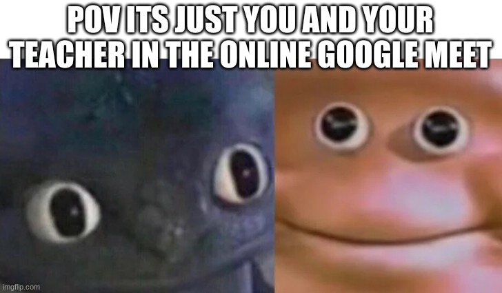 awkward... | POV ITS JUST YOU AND YOUR TEACHER IN THE ONLINE GOOGLE MEET | image tagged in awkward realization two faces,memes | made w/ Imgflip meme maker