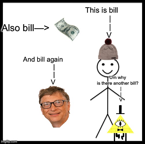 The Bill’s | This is bill
        |
        |
       V; Also bill—>; And bill again
            |
            |
           V; Um why is there another bill?
     |
     |
     V | image tagged in memes,be like bill | made w/ Imgflip meme maker