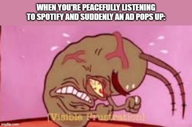 Visible Frustration | WHEN YOU'RE PEACEFULLY LISTENING TO SPOTIFY AND SUDDENLY AN AD POPS UP: | image tagged in visible frustration,memes | made w/ Imgflip meme maker